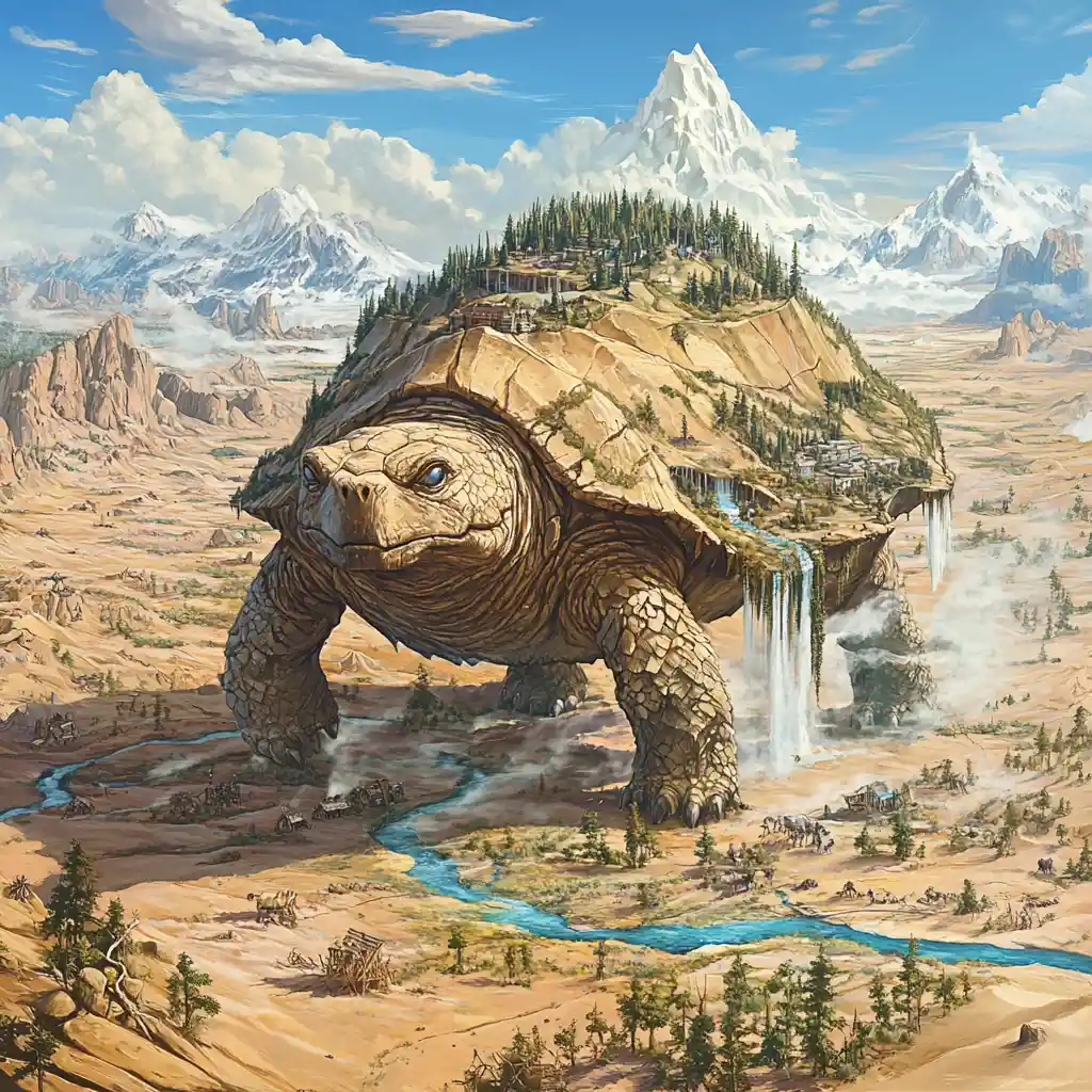 Gigantic desert turtle carrying a towering mountain landscape
