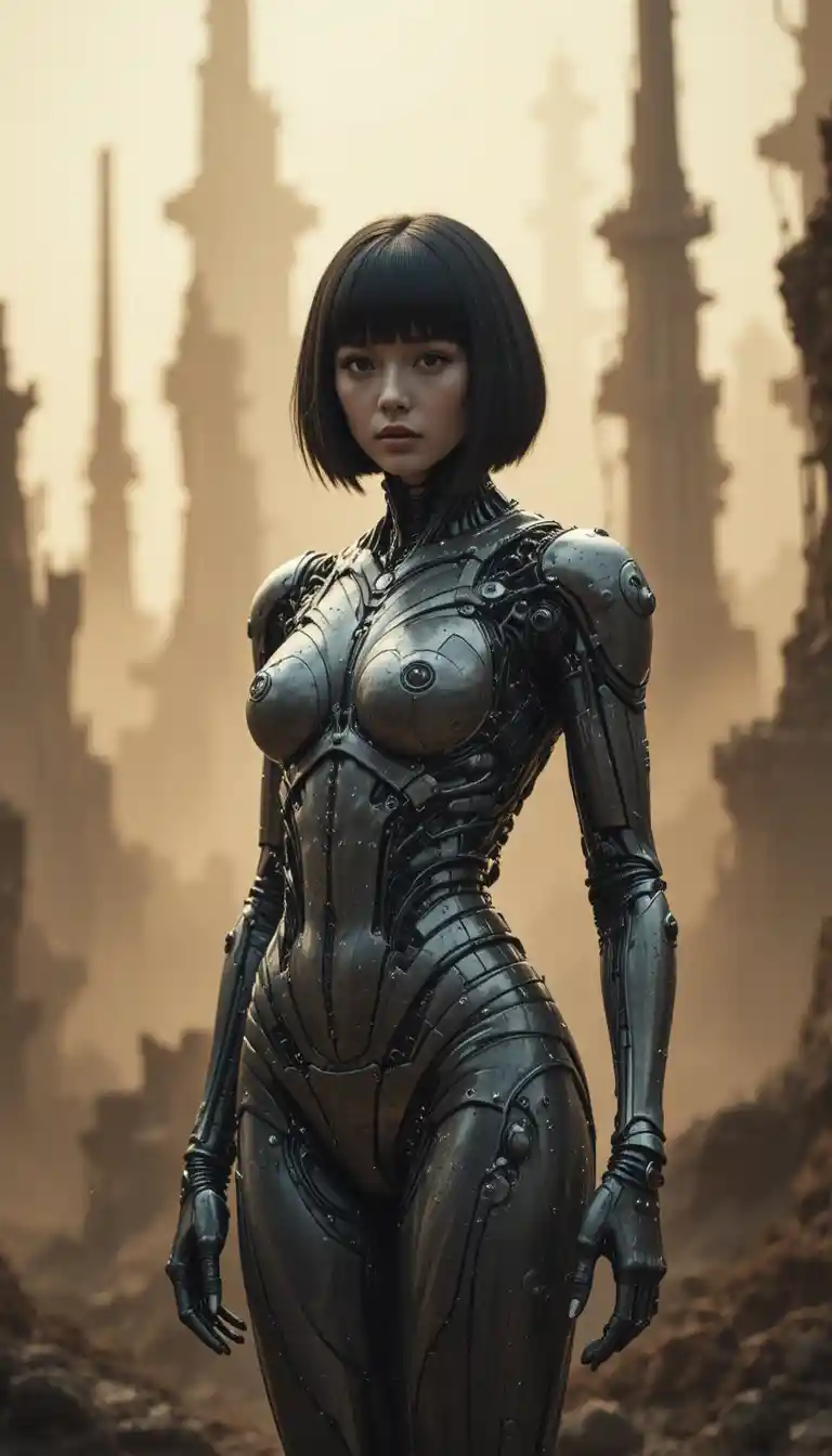Einsame weibliche Cyborg in verschwommener futuristischer Organik-Stadt