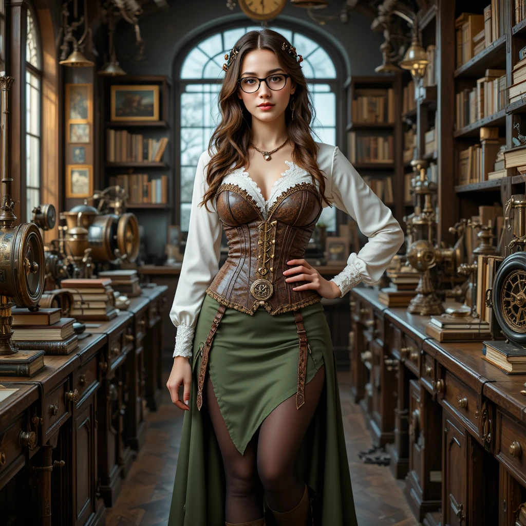Steampunk-Frau mit Buch in einem Uhrwerkslabor