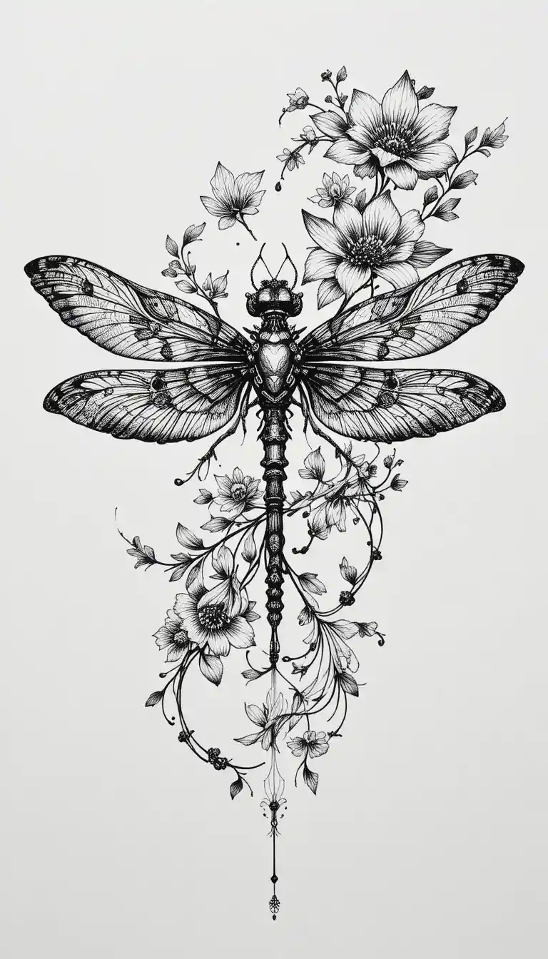 由花卉元素構成的精緻墨線蜻蜓插畫