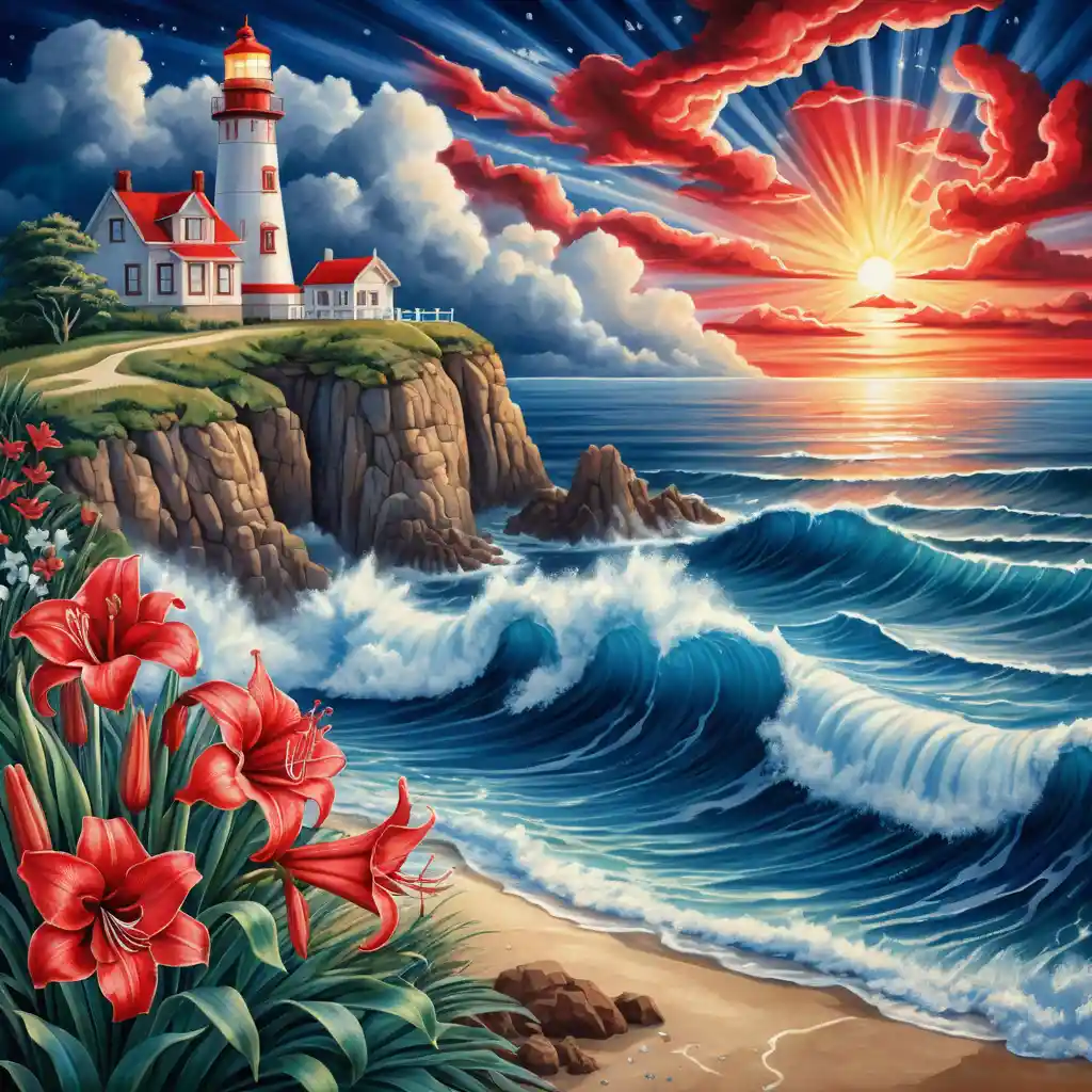 Phare Surréaliste au-dessus des Vagues d’Océan Vibrantes au Coucher de Soleil Estival