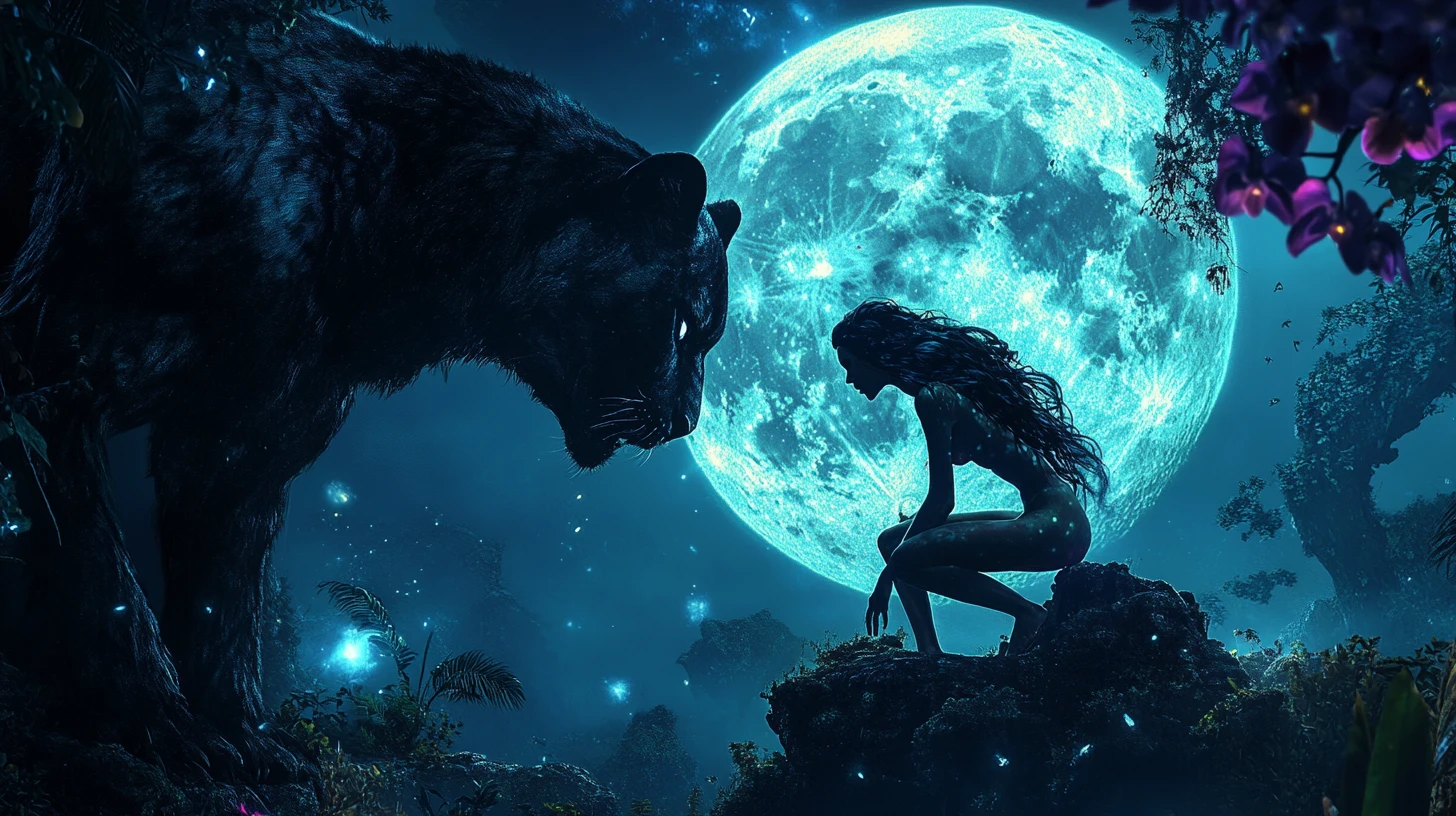 Femme se Transformant en Panthère sous une Pleine Lune Lumineuse