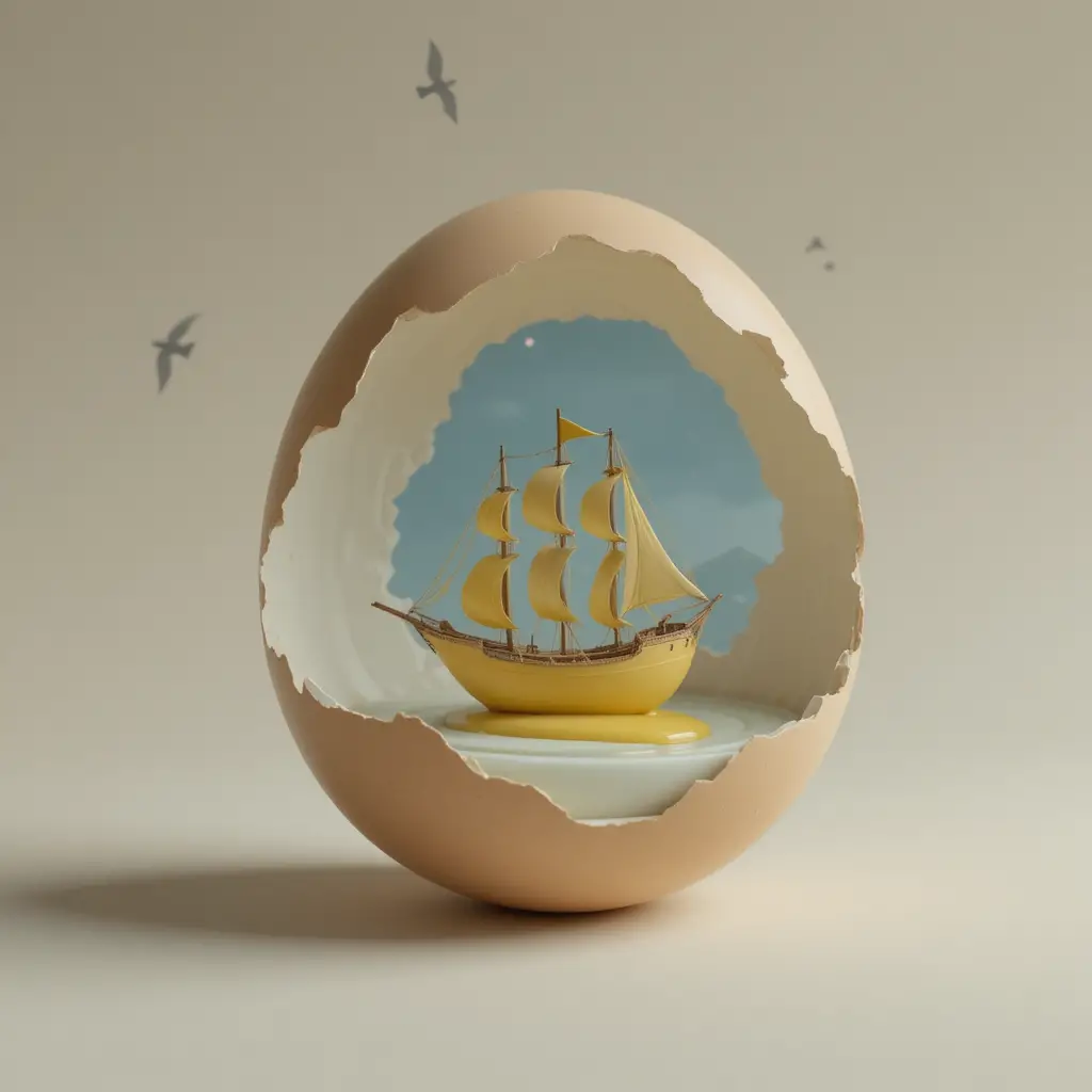 Monde miniature surréaliste à l’intérieur d’une coquille d’œuf fêlée