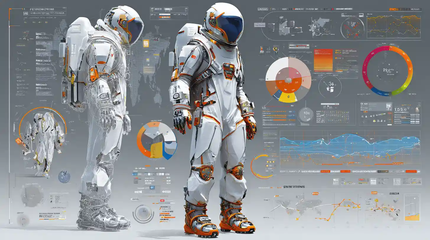 Futuristic white space suit 3D engineering design diagram