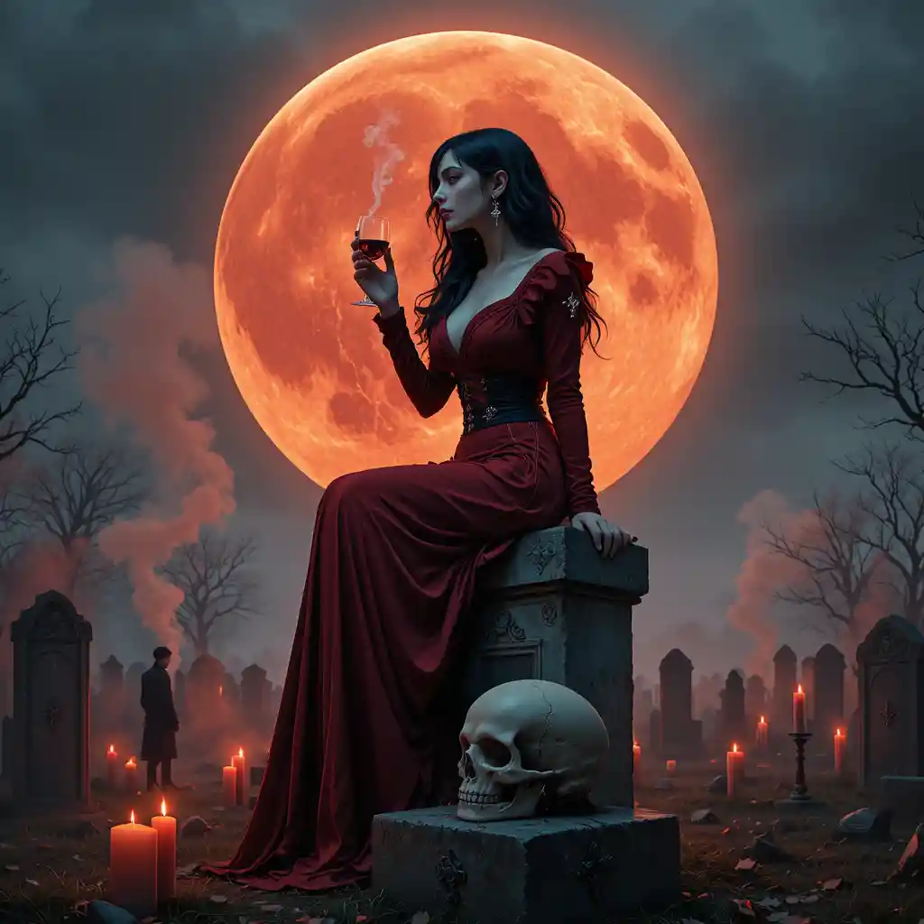Gotische Frau im roten Kleid auf einem Grab unter dem Blutmond