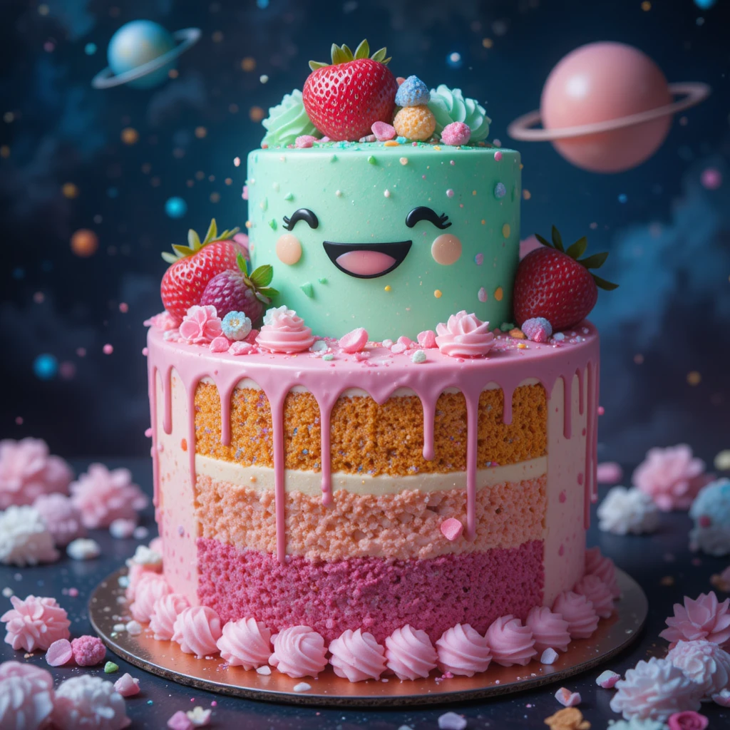 Lächelnder Vanillekuchen mit Regenbogenfarben im All