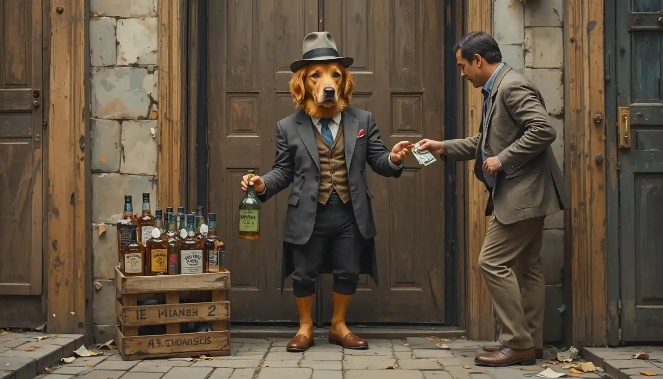 Anthropomorphic Dog In Suit Trading Whiskey In Alley Doorway