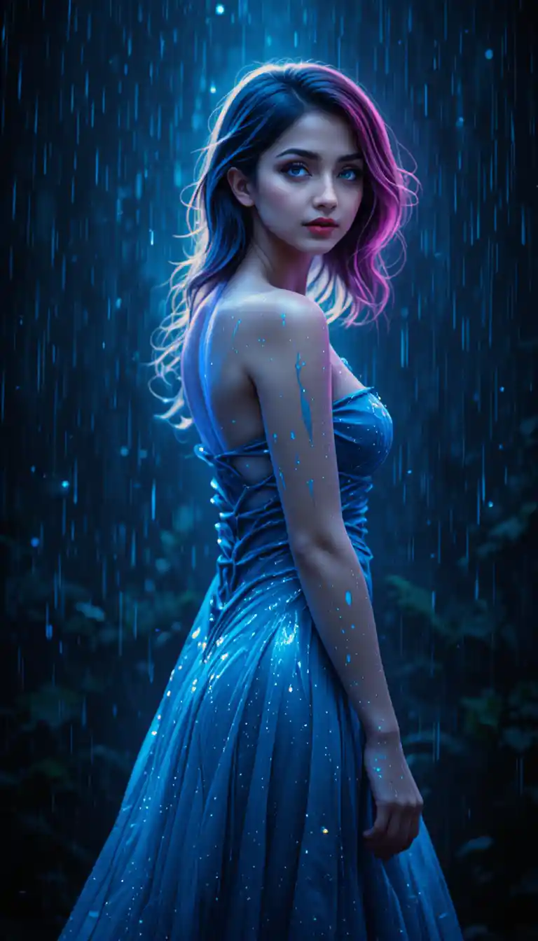 Ragazza anime con abito blu che gira sotto la pioggia