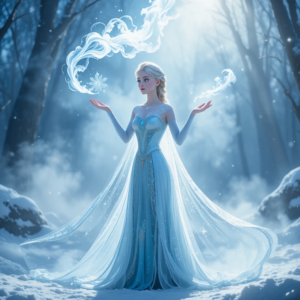 Enchanteresse de glace invoquant la magie dans un royaume hivernal serein