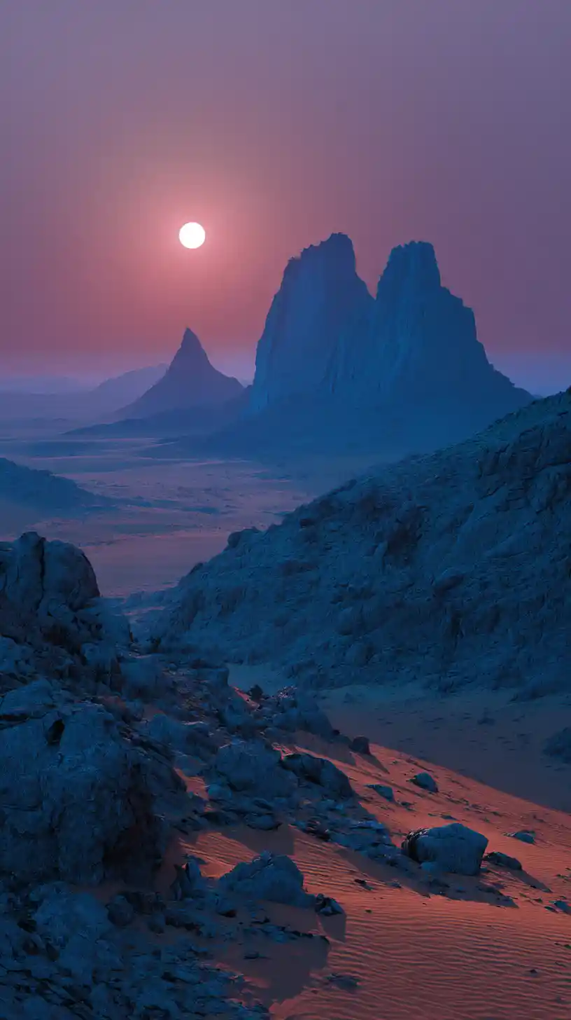 Volcanic mountains rising over alien desert at twilight