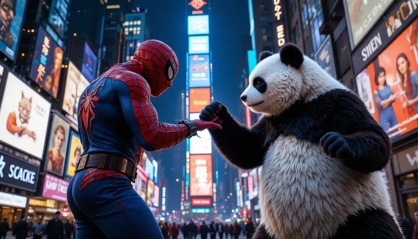 Kung fu panda face à Spider-Man à Times Square