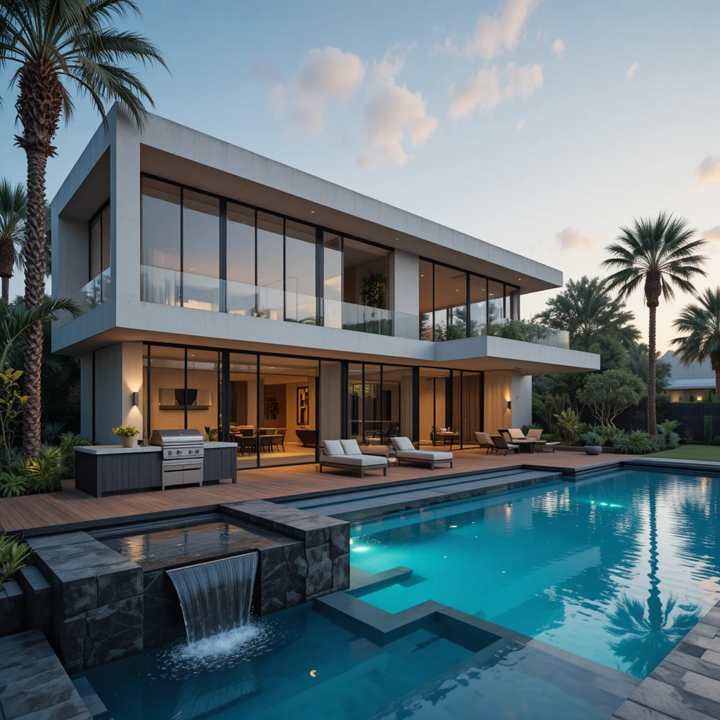 Modern luxury house with pool at tropical sunset