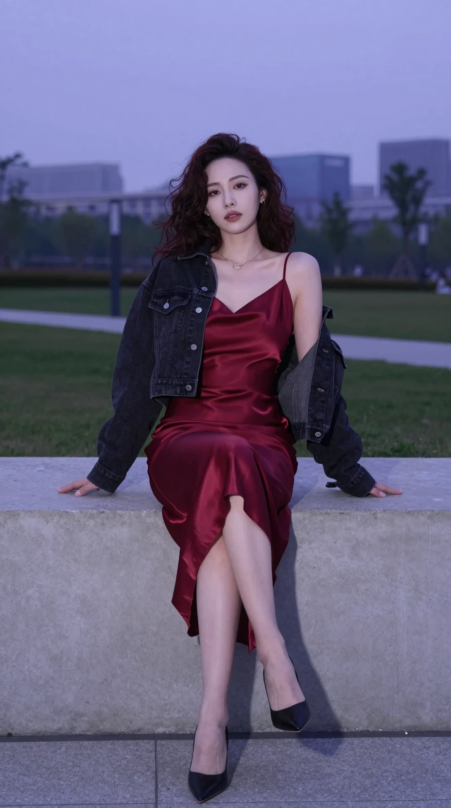 Femme en robe de satin rouge au-dessus d’un parc urbain au crépuscule