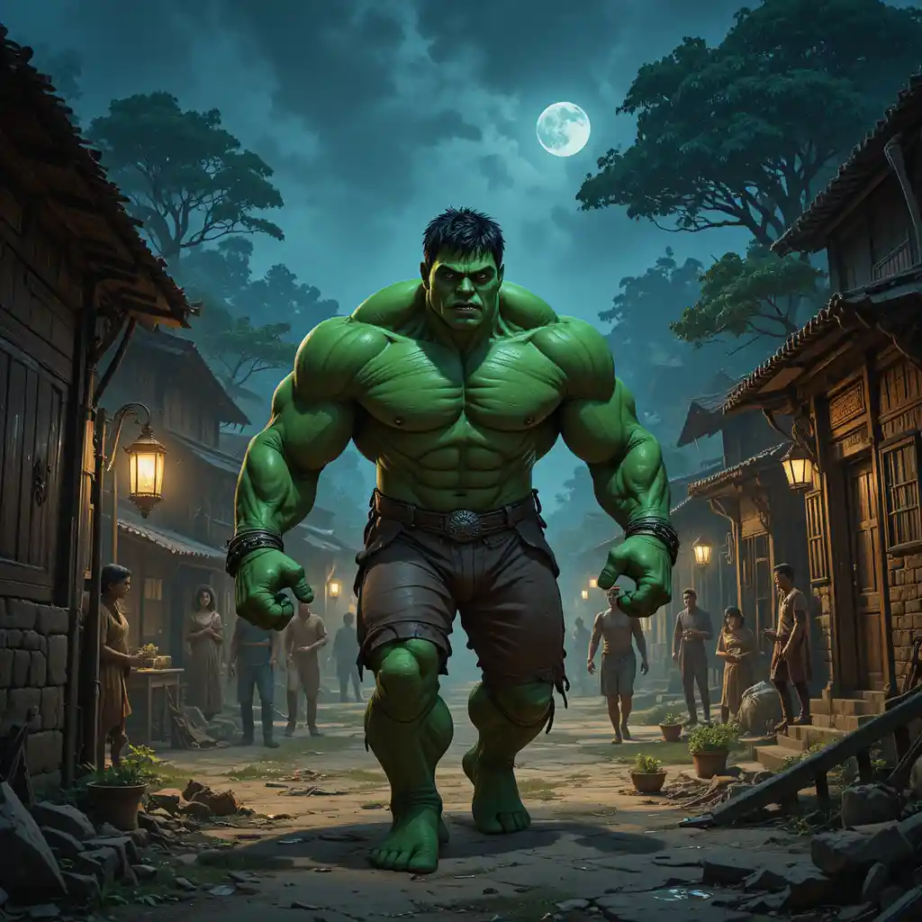 Giant green monster rampaging through a moonlit village night