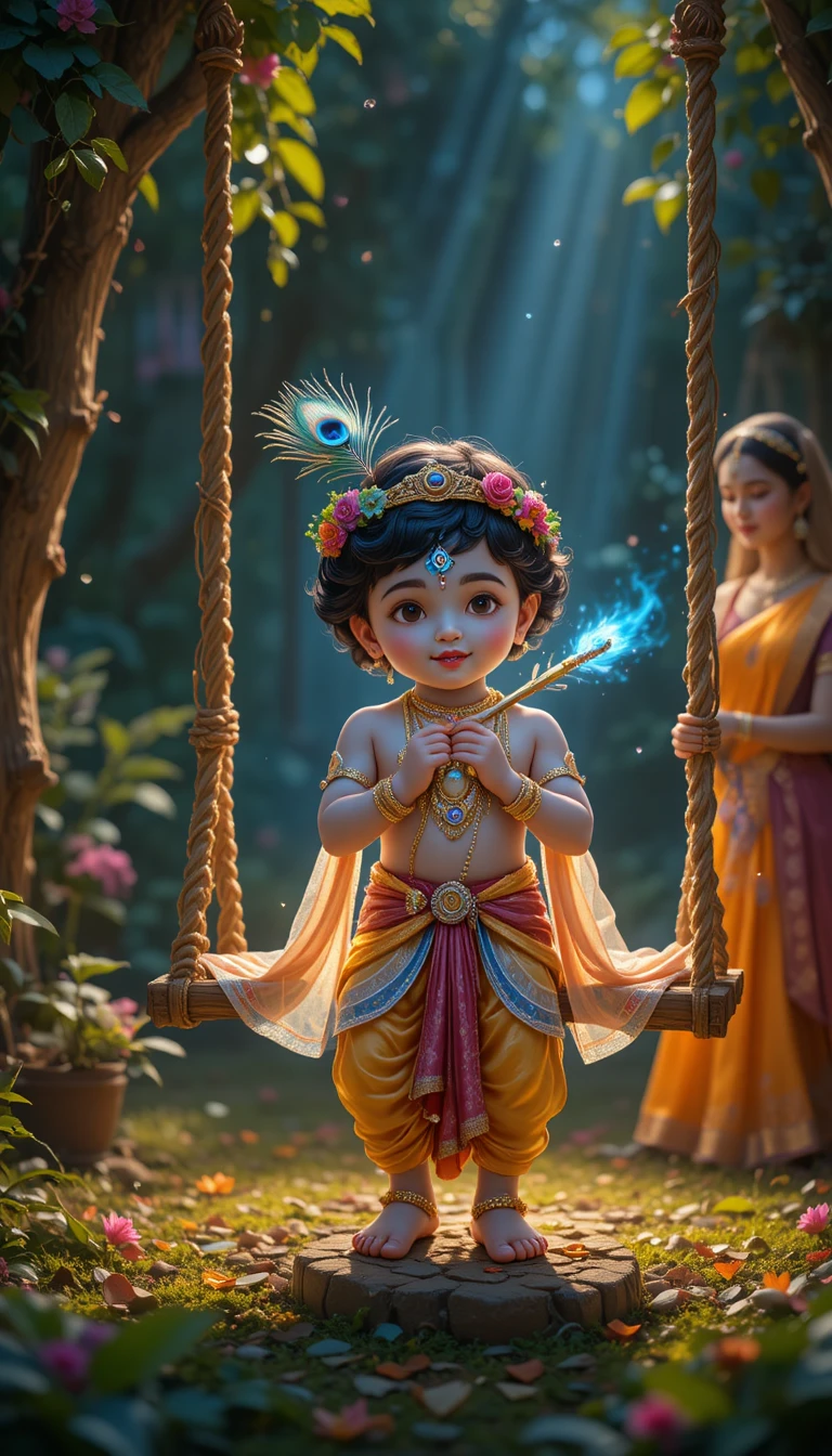 Bébé Krishna avec flûte et plume de paon dans le jardin
