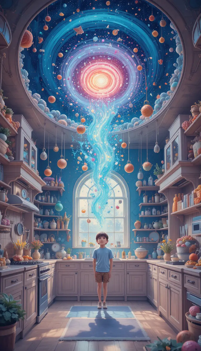 Whimsical figure stirring a cosmic galaxy in a kitchen