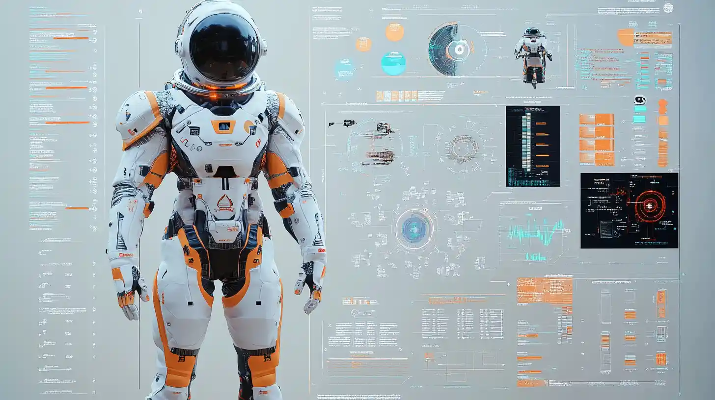 Futuristic white space suit 3D engineering concept diagram