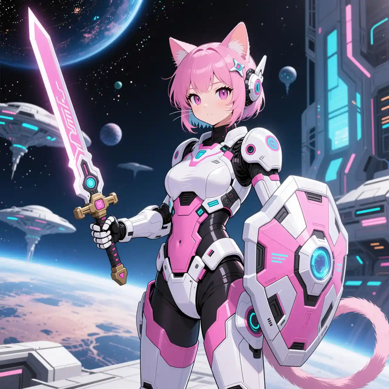 Anime cat girl in pink sci fi mecha armor