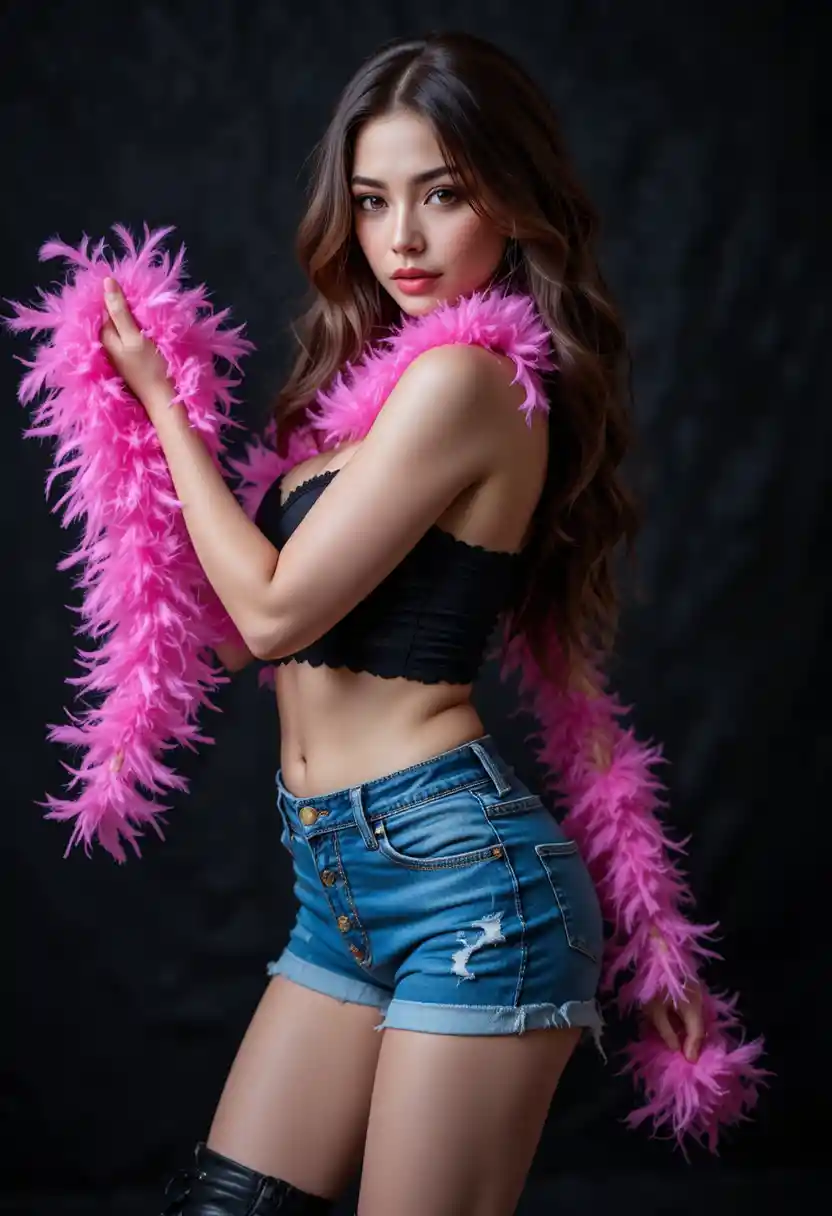 Mulher de shorts jeans com boa de penas rosa posando de forma divertida