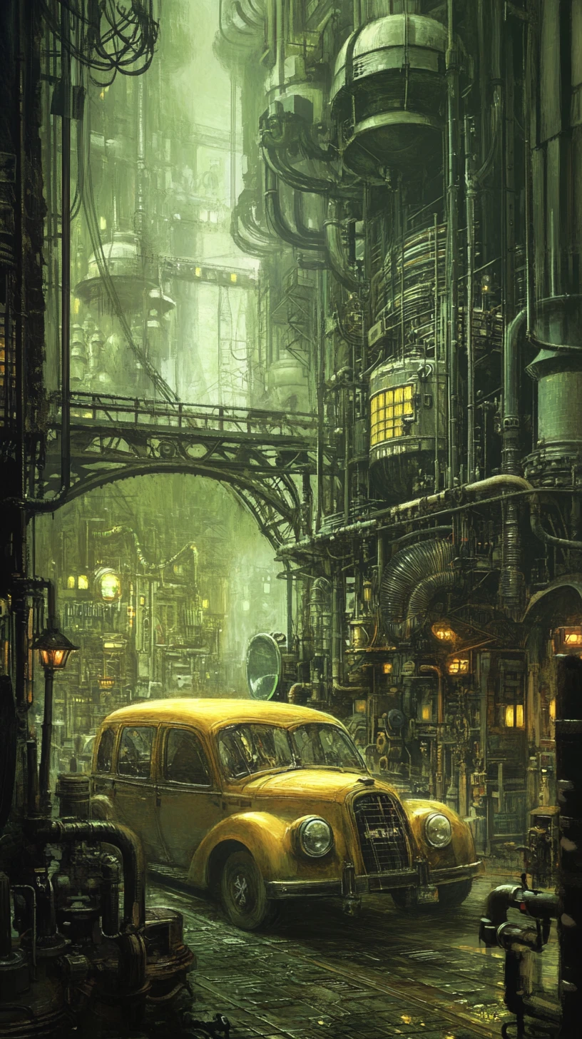 Oficina urbana de automóveis sombria em ilustração de fantasia sombria