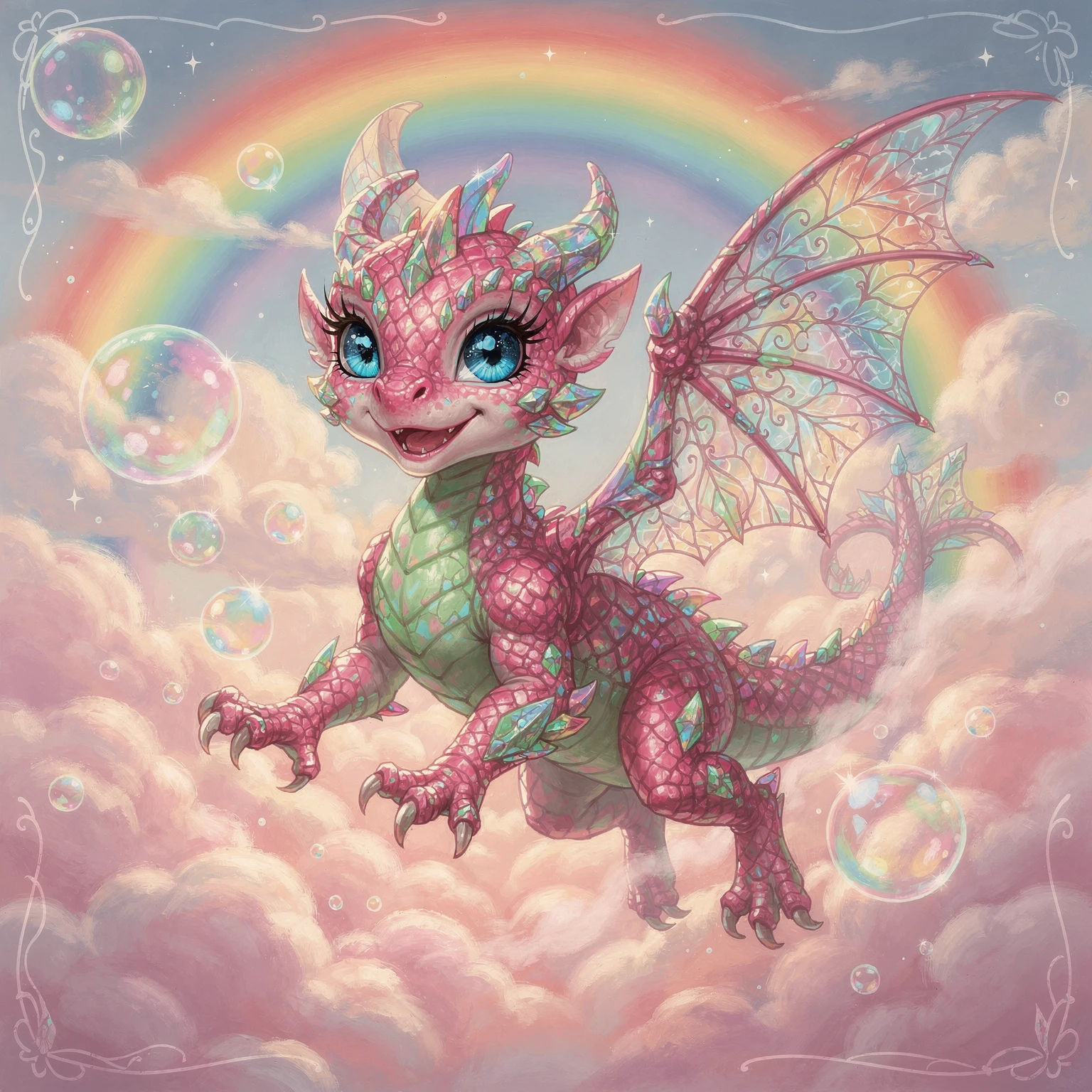 Cute Baby Dragon Playing On Pink Clouds Under Rainbow