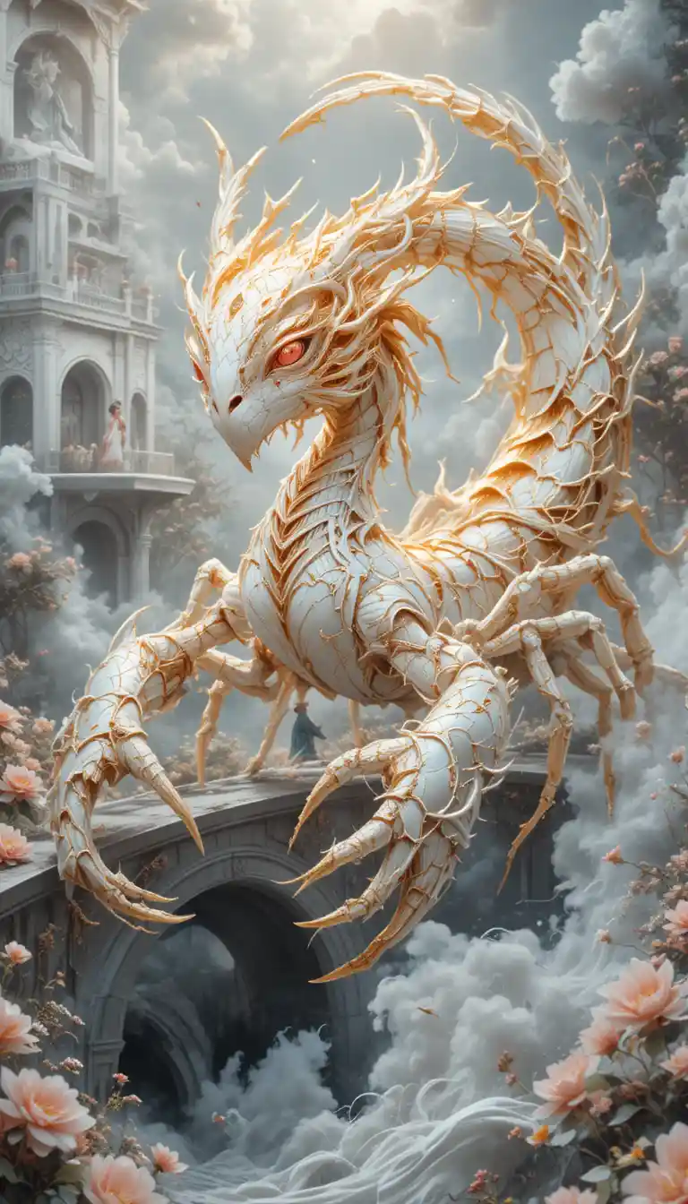 Mythical spirit creature near a white fantasy palace river