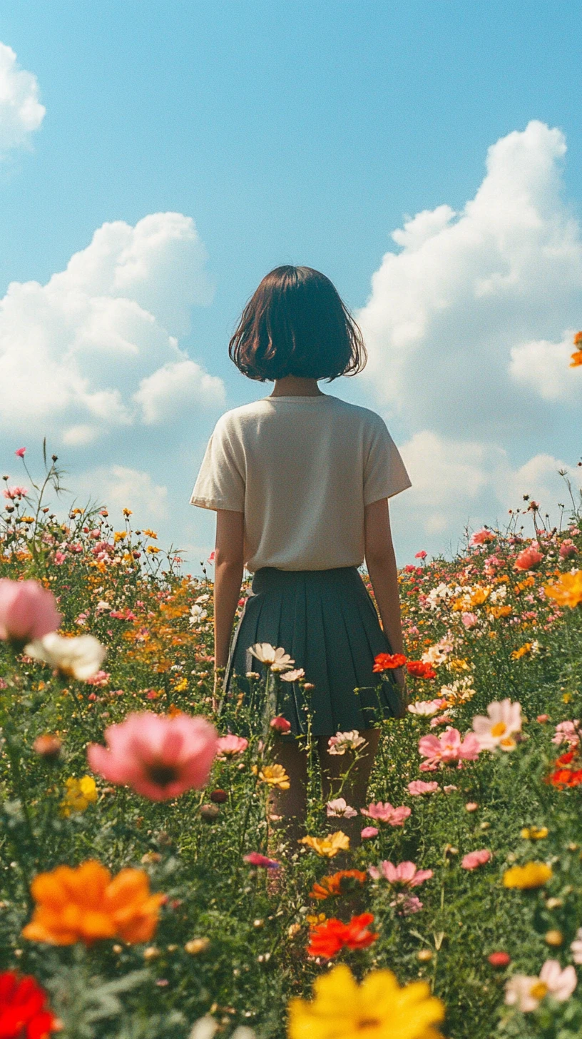 開心的動畫女孩站在繽紛花海中