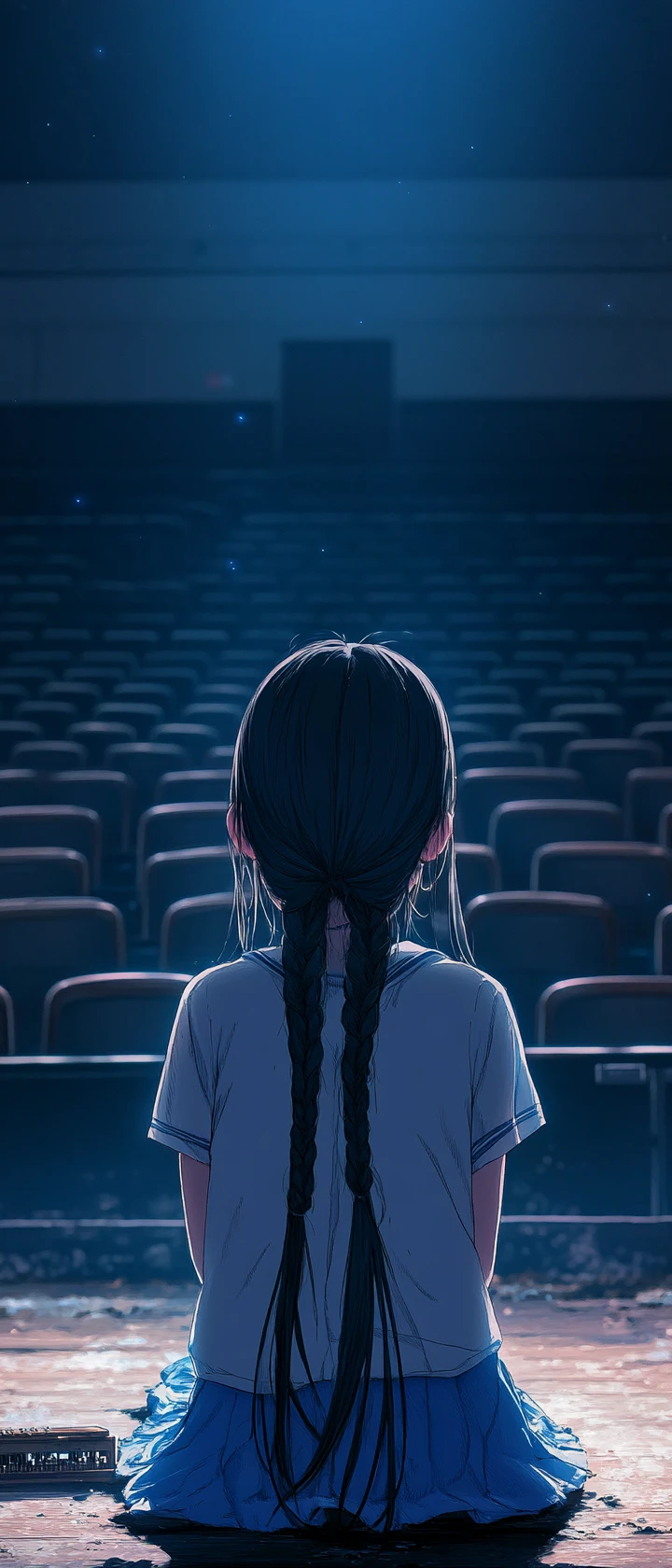 Ragazza anime che piange con carillon sul palco vuoto della scuola