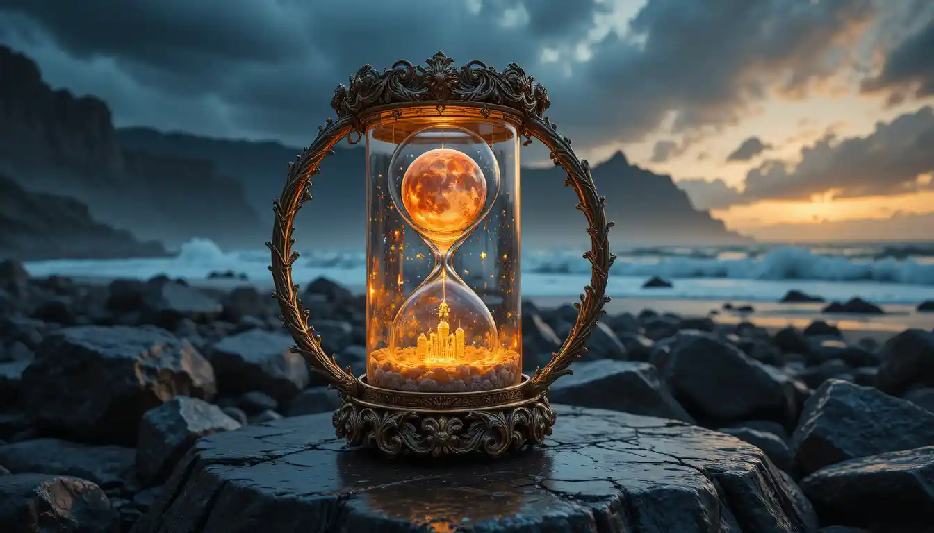 Vela surreal con paisaje cósmico sobre piedra helada
