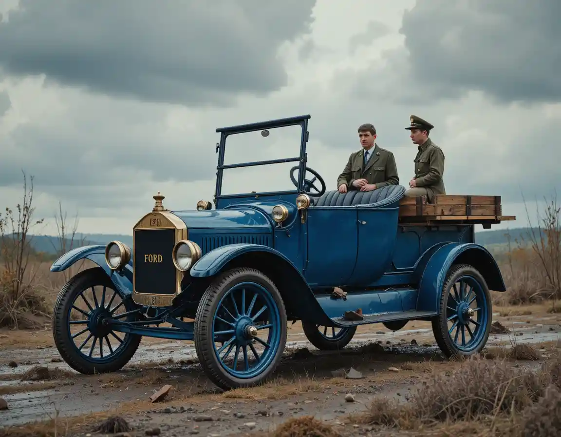 Carro azul vintage estilo Ford em perfil de estúdio limpo