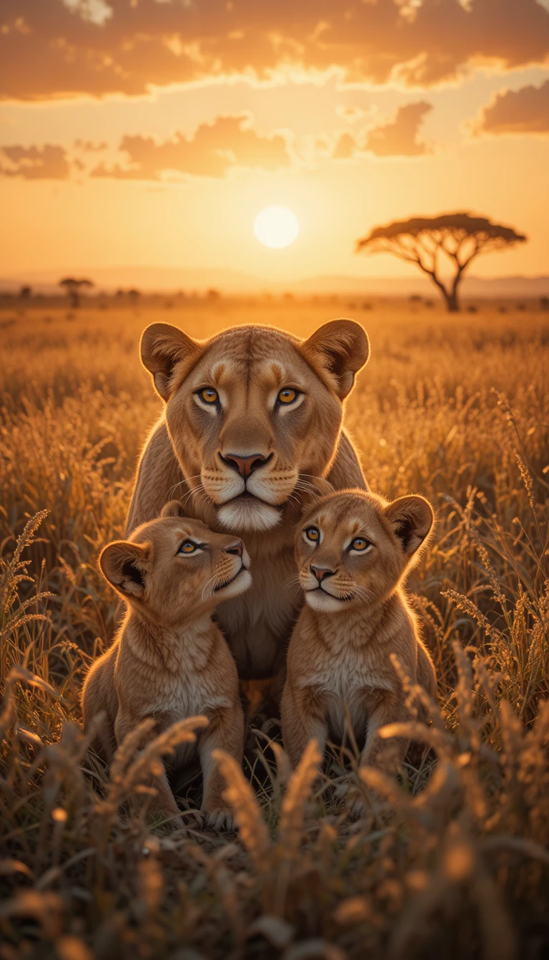 Leoa com dois filhotes à luz dourada da savana