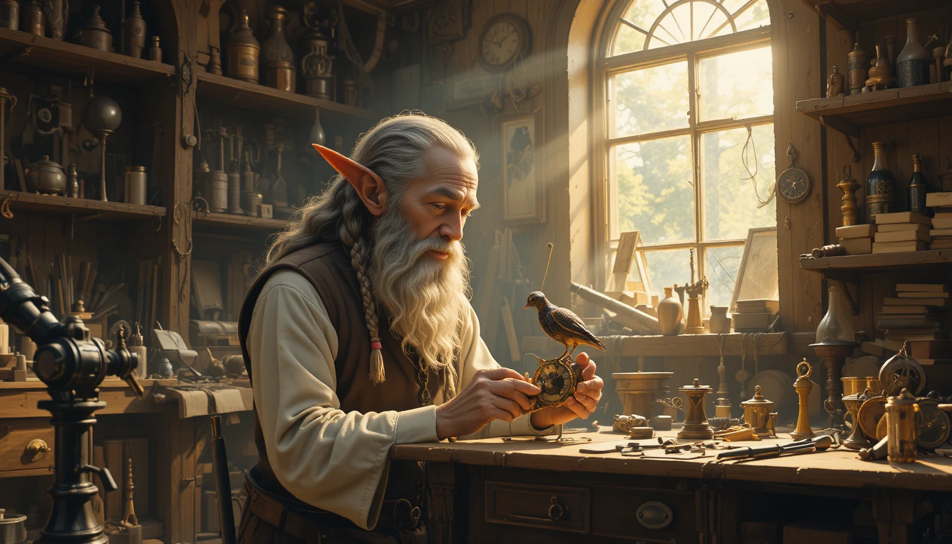 Vieux artisan elfe fabriquant un minuscule oiseau mécanique