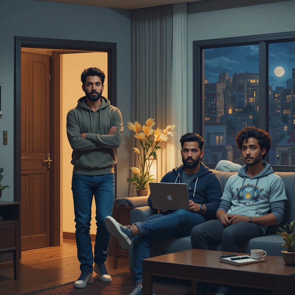 Vier Freunde treffen sich in einem 3D-Pixelart-Wohnzimmer