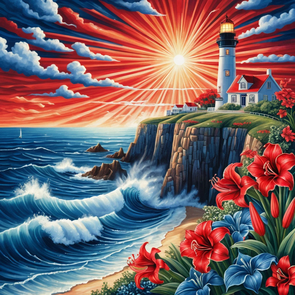 Surreal Lighthouse Dreamscape Over Rolling Summer Ocean Waves