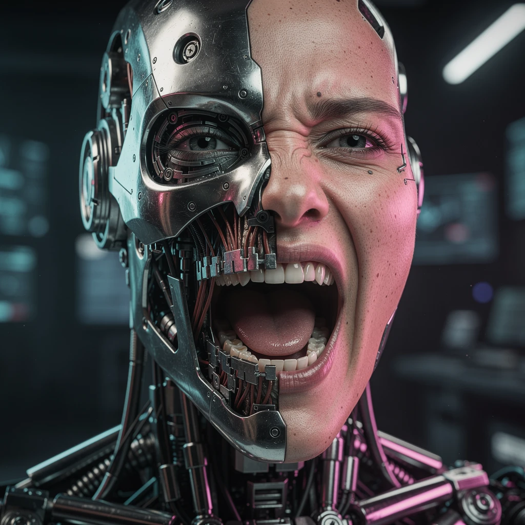 Cinematisches Close-up eines schreienden Androiden mit freiliegender Mechanik