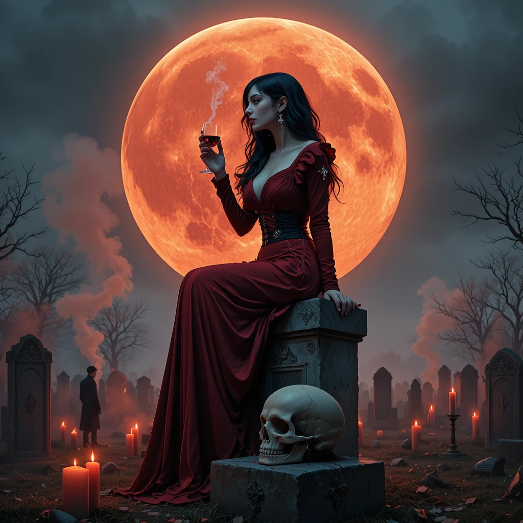 Donna gotica in abito rosso su una tomba sotto la luna di sangue