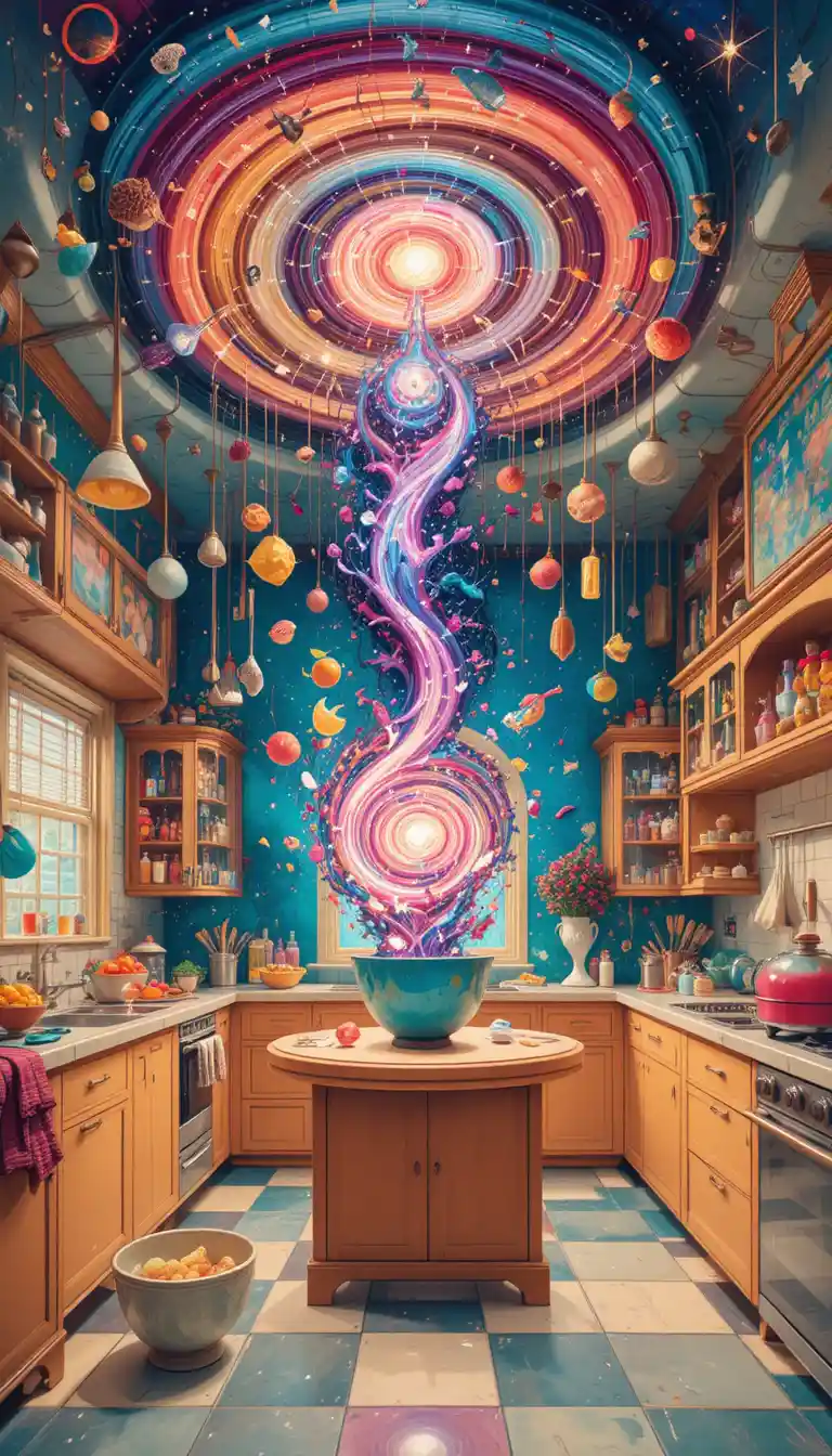 Whimsical cook swirling a galaxy in a floating kitchen