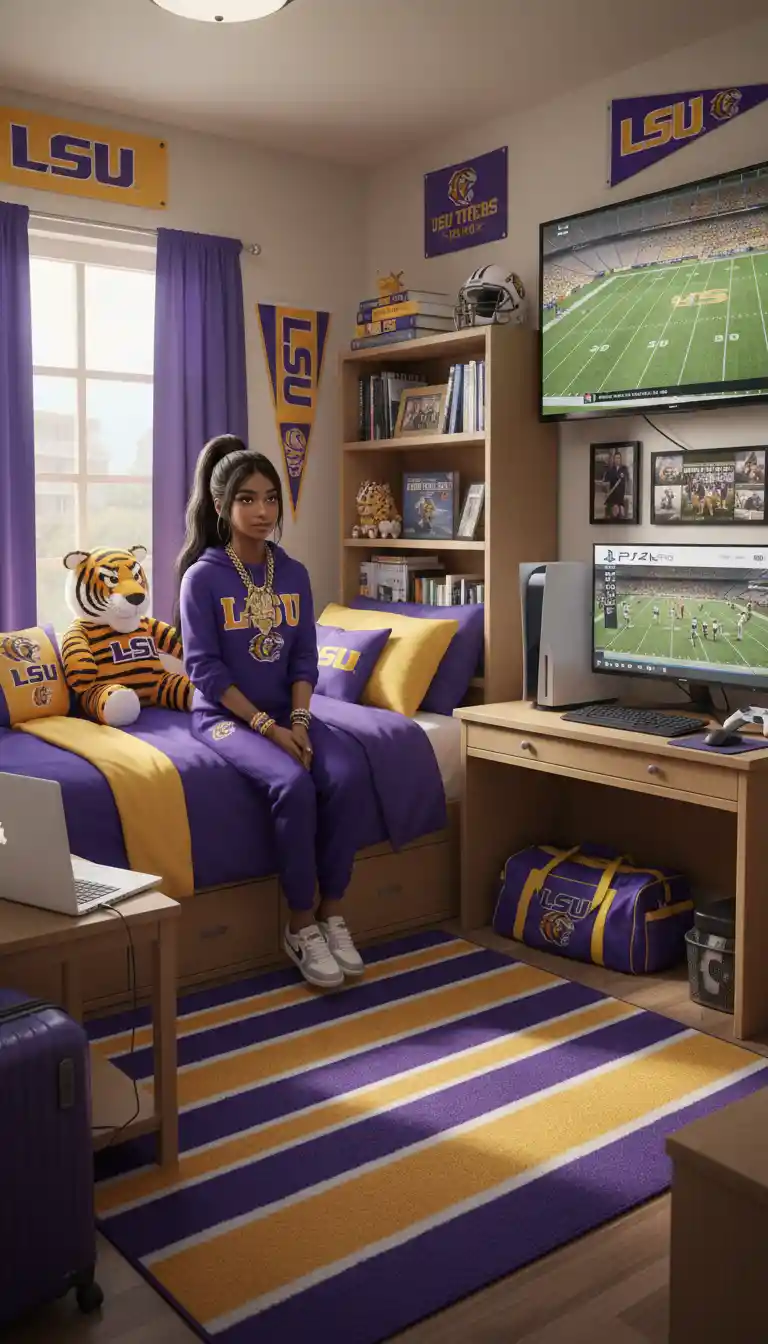 トラがテーマの大学寮の部屋にいるティーンエイジャーの女の子