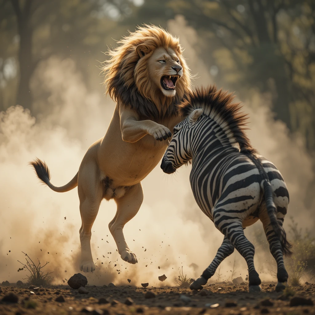Lion mid leap attacking zebra in dramatic wildlife scene
