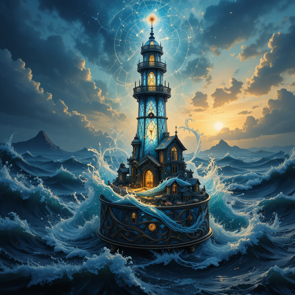 Stained glass lighthouse above a swirling blue and gold ocean