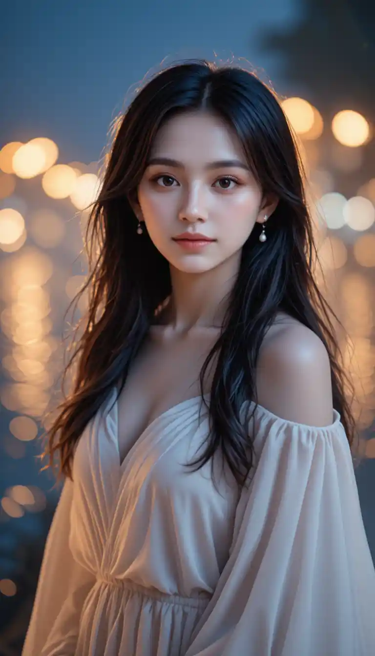 몽환적인 보케 불빛이 반짝이는 물가에 선 젊은 여자