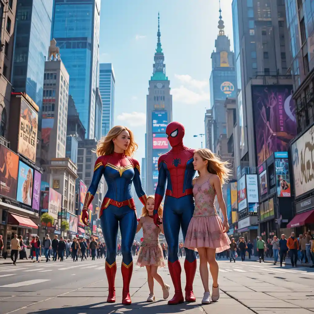 Pais super‑heróis caminhando com as filhas em Nova York