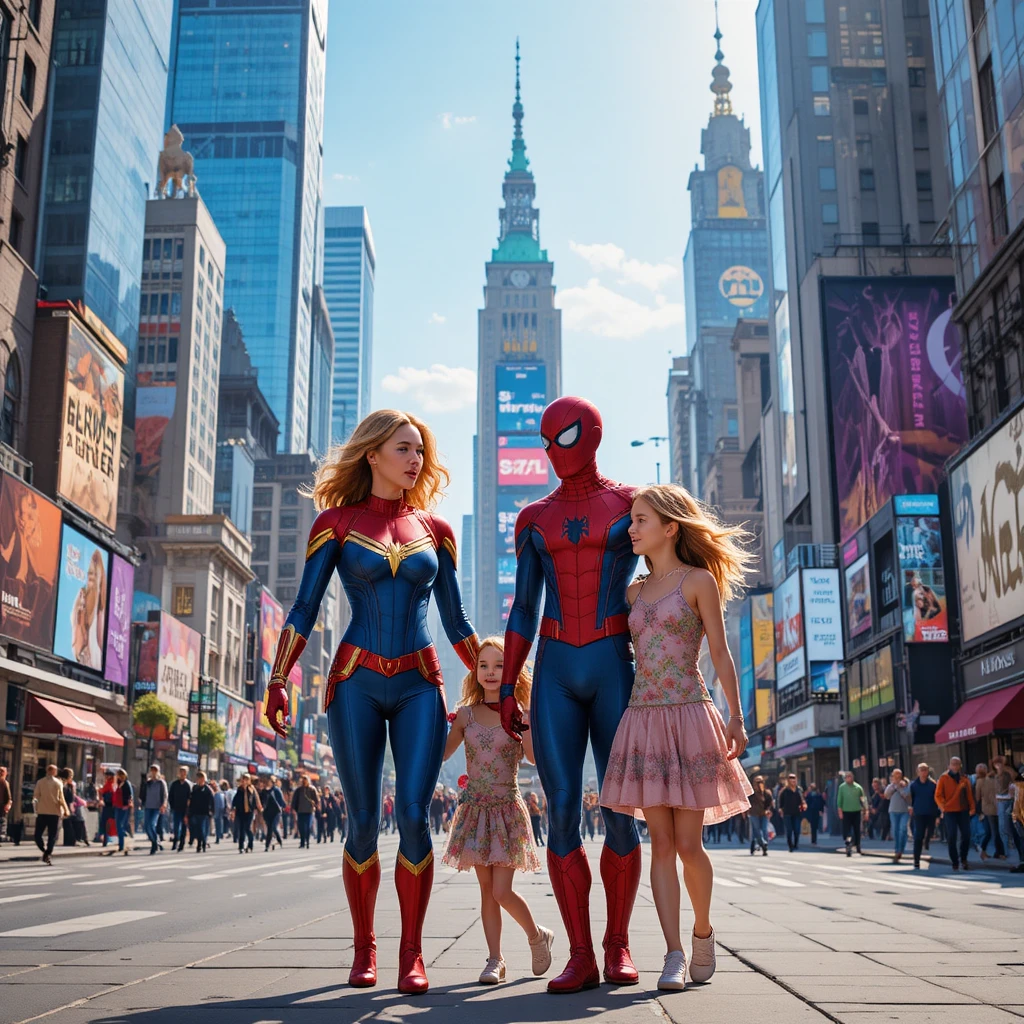 Padres superhéroes caminando con sus hijas en Nueva York