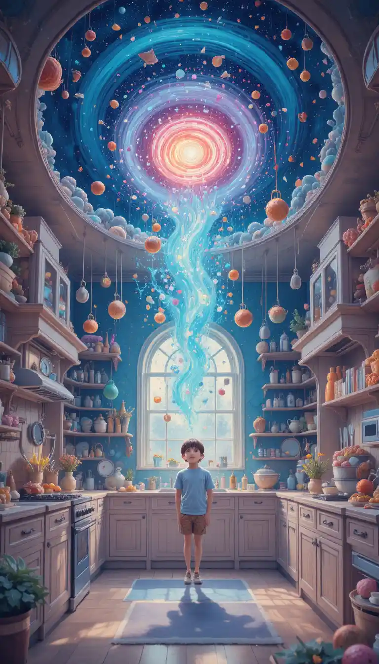 Whimsical figure stirring a cosmic galaxy in a kitchen