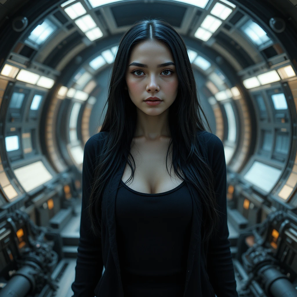 Close up of young woman inside a sci fi spaceship