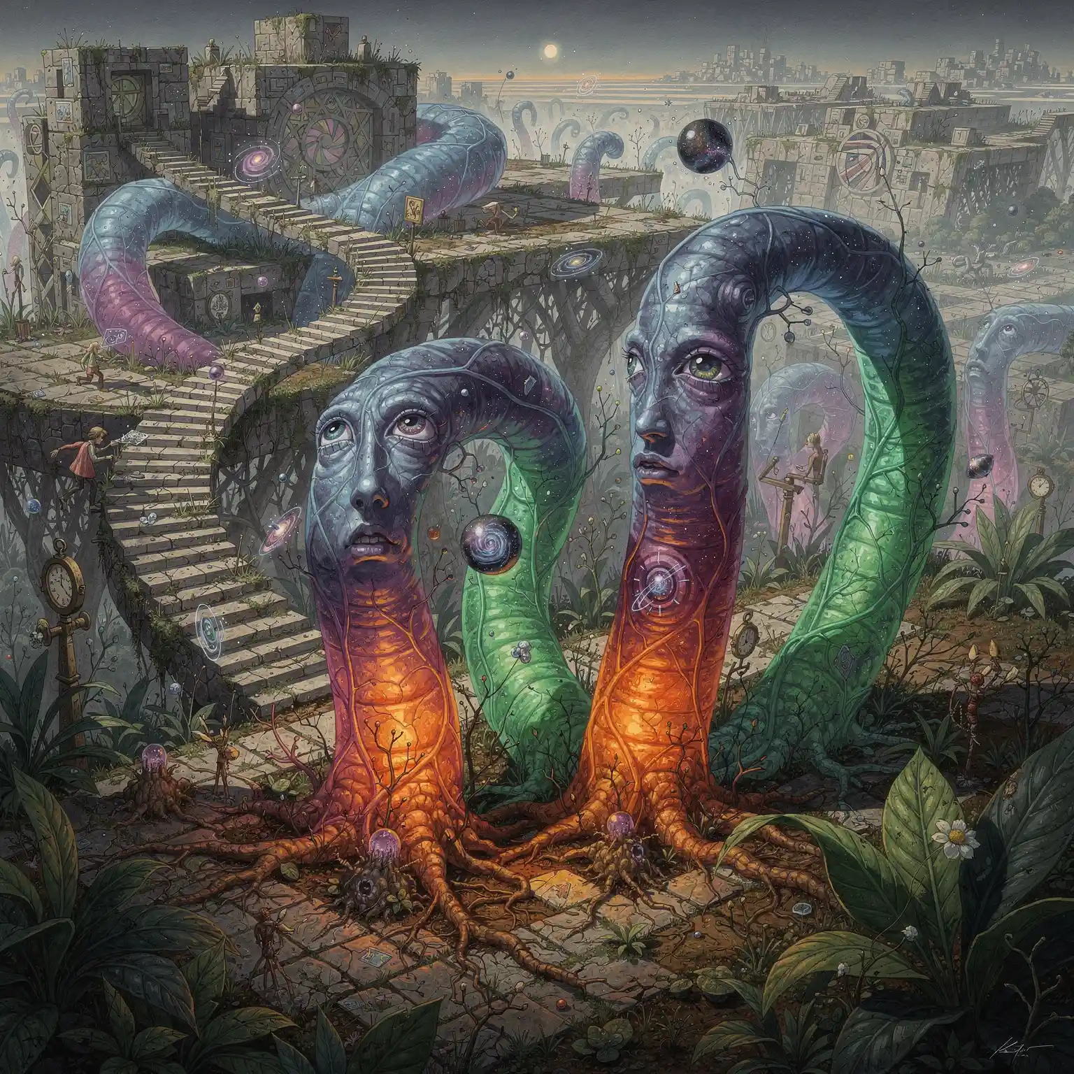 Criaturas tubulares surrealistas que flotan en un extraño vacío abstracto