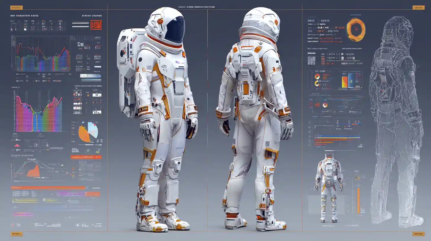 Futuristic white space suit concept in dynamic 3D views