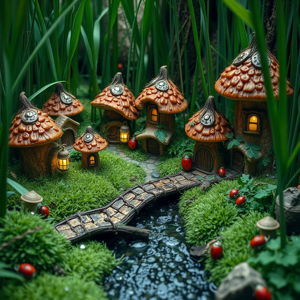 Minúscula Vila de Gnomos Entre Cogumelos no Chão da Floresta