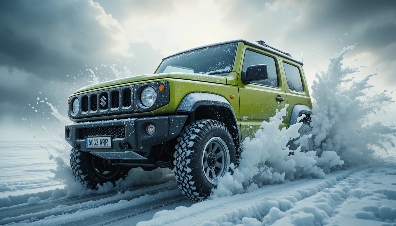 Green off road suv racing across a frozen snowfield