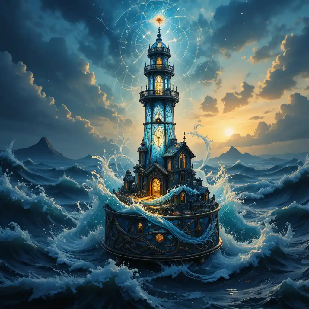 Stained glass lighthouse above a swirling blue and gold ocean